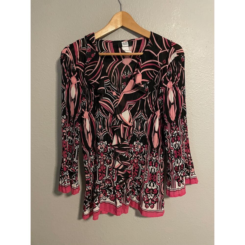 Studio 1940 Tunic Womens Large Multicolor Floral Ruffle 3/4 Sleeve Fairy Y2K